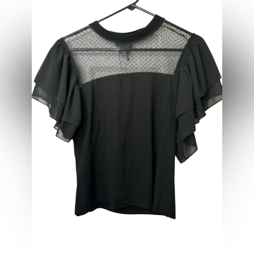 Gracia Black Sheer Ruffle Sleeve Blouse NWT